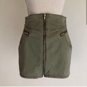 H&M Army Green Jean Mini Skirt, High Waist, Gold Zipper Details + Pockets, 12